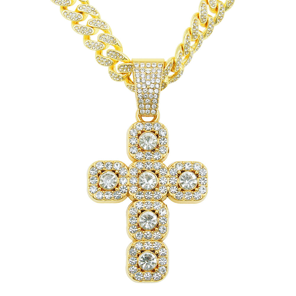 Iced Out Cross Pendant Necklace with Cuban Link Chain