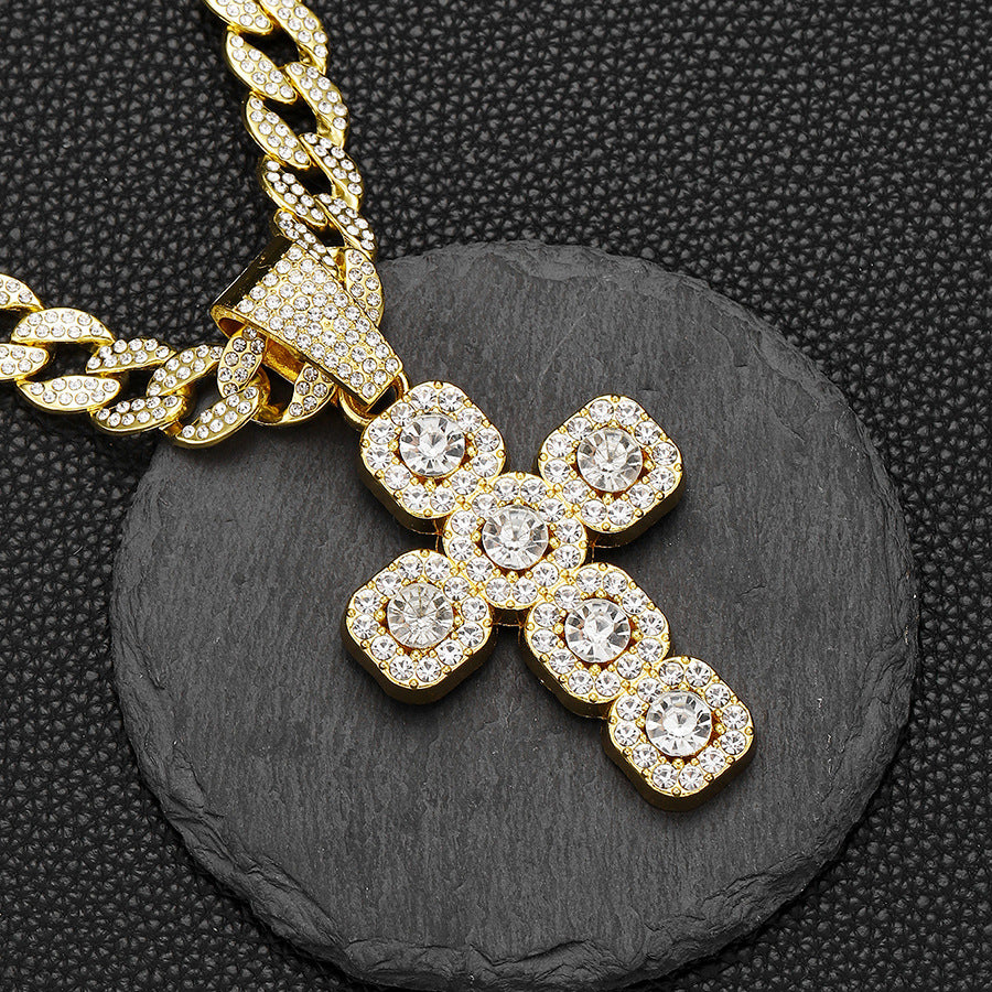Iced Out Cross Pendant Necklace with Cuban Link Chain