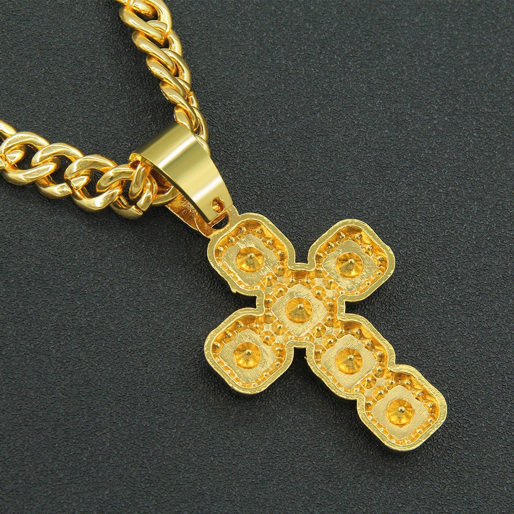 Iced Out Cross Pendant Necklace with Cuban Link Chain