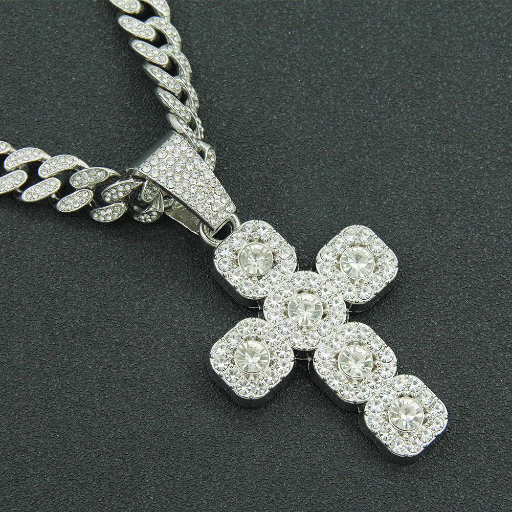Collar con colgante de cruz con diamantes de imitación y cadena de eslabones cubanos