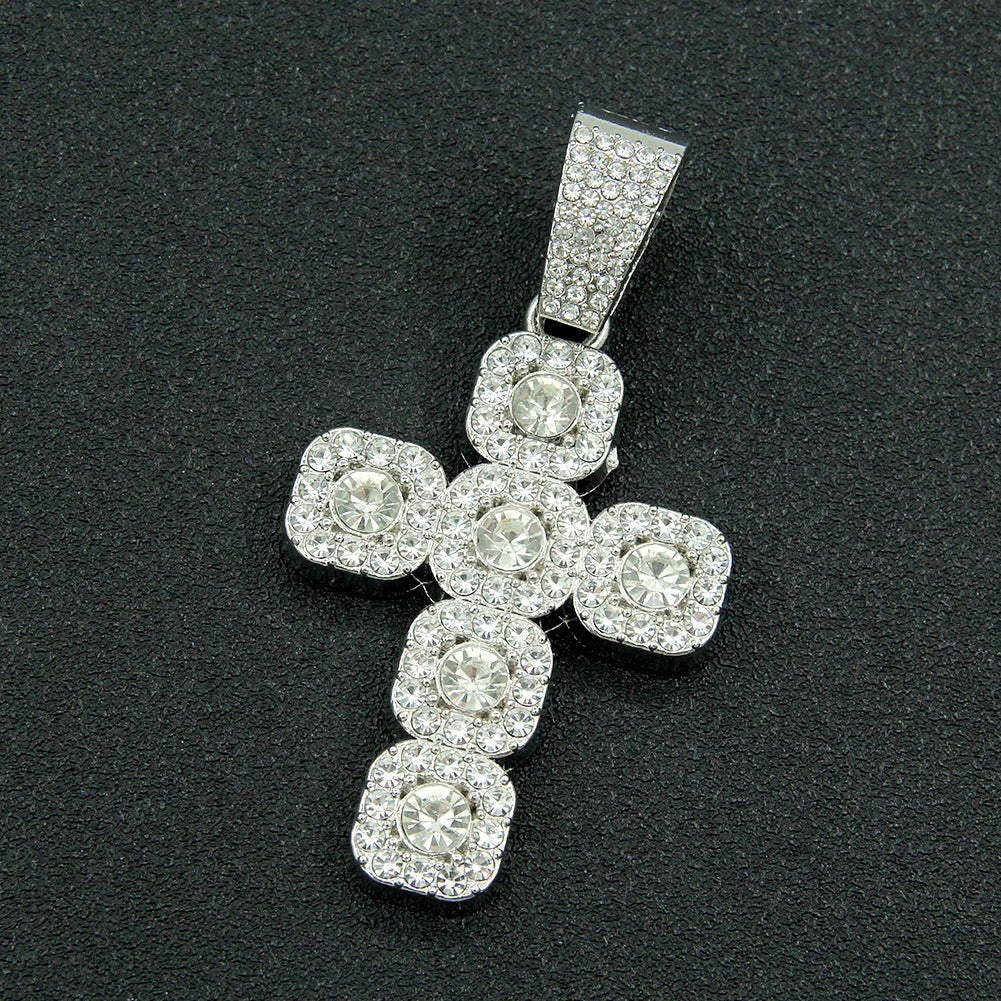 Iced Out Cross Pendant Necklace with Cuban Link Chain