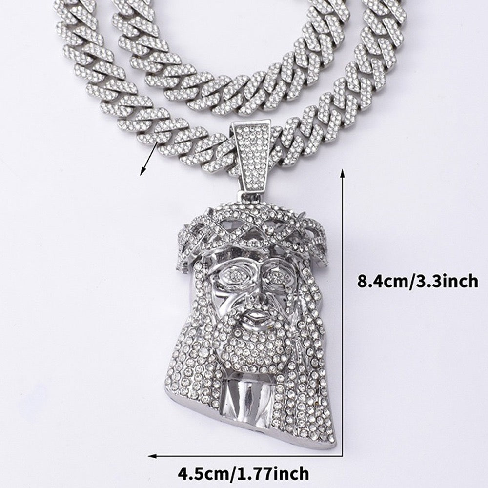 Collar con colgante de Jesús con diamantes de imitación y cadena de eslabones cubanos – 23”