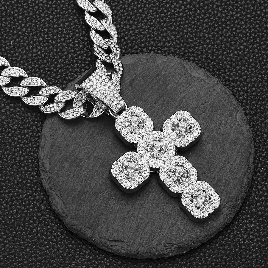 Iced Out Cross Pendant Necklace with Cuban Link Chain