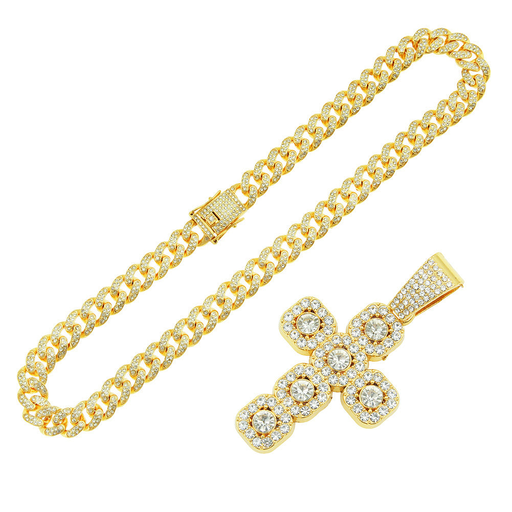 Iced Out Cross Pendant Necklace with Cuban Link Chain