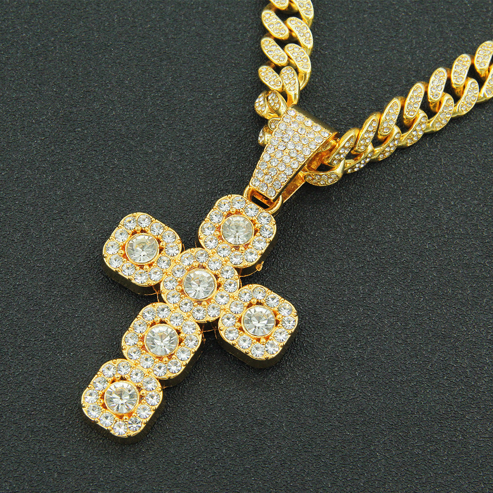 Collar con colgante de cruz con diamantes de imitación y cadena de eslabones cubanos