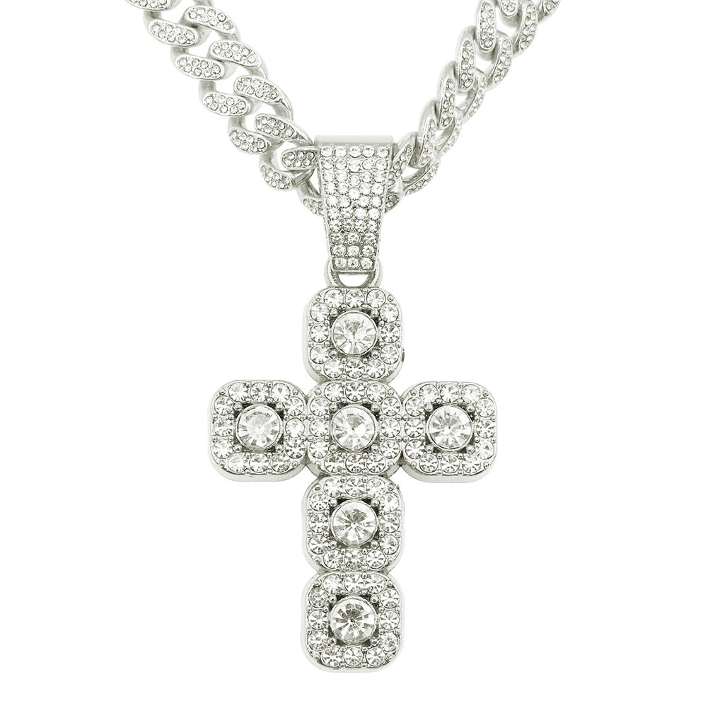 Iced Out Cross Pendant Necklace with Cuban Link Chain