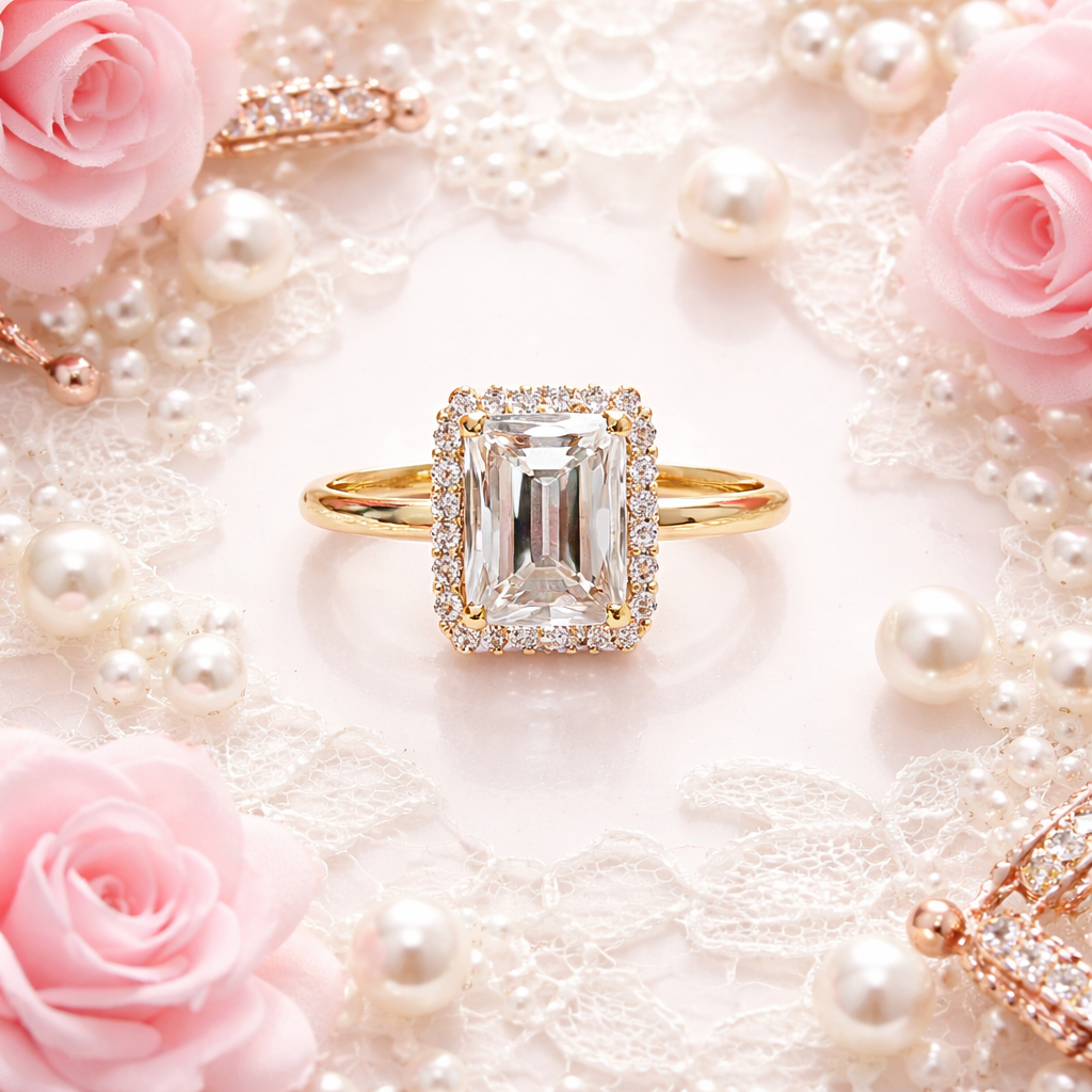 3.31ct Emerald-Cut Halo Moissanite Ring – 925 Silver